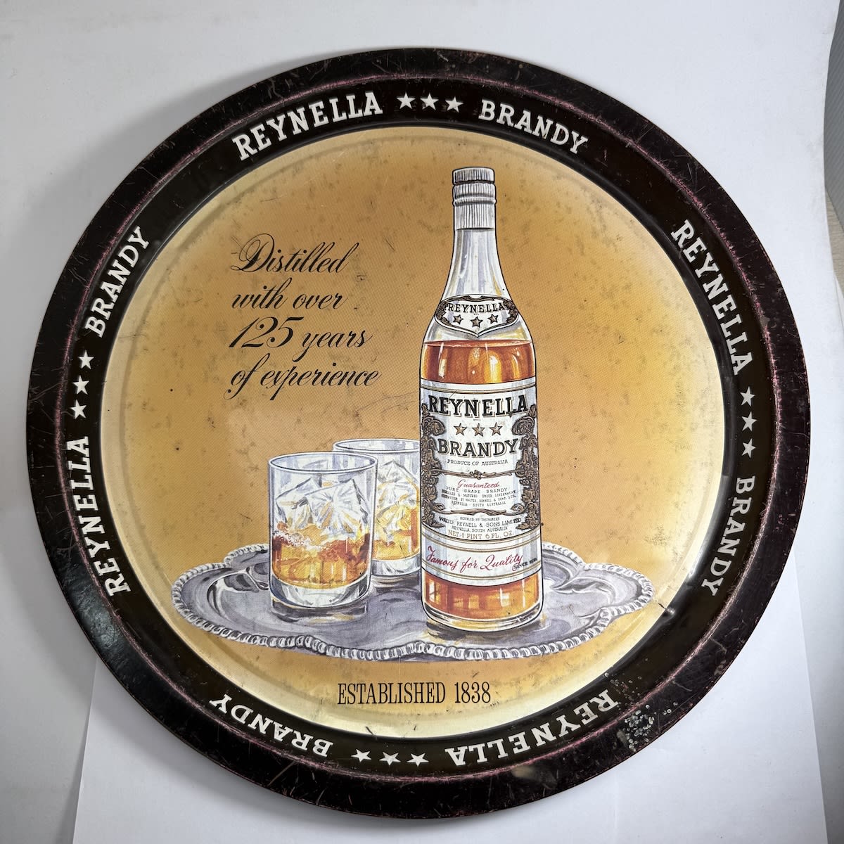 Advertising Serving Tray. Reynella Brandy. Established 1838. Distilled with over 125 years experience. Bottle & Glasses. (South Australia)