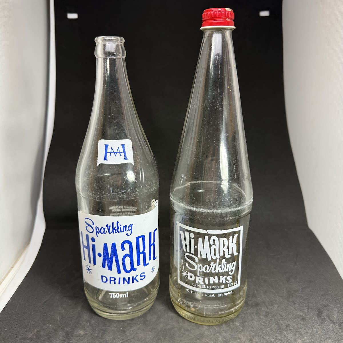 2 Ceramic Label Soft Drinks: Hi-Mark Sparkling Drinks, 93 Torrens Rd, Brompton Park. Crown Seal & Screw Top. (South Australia)