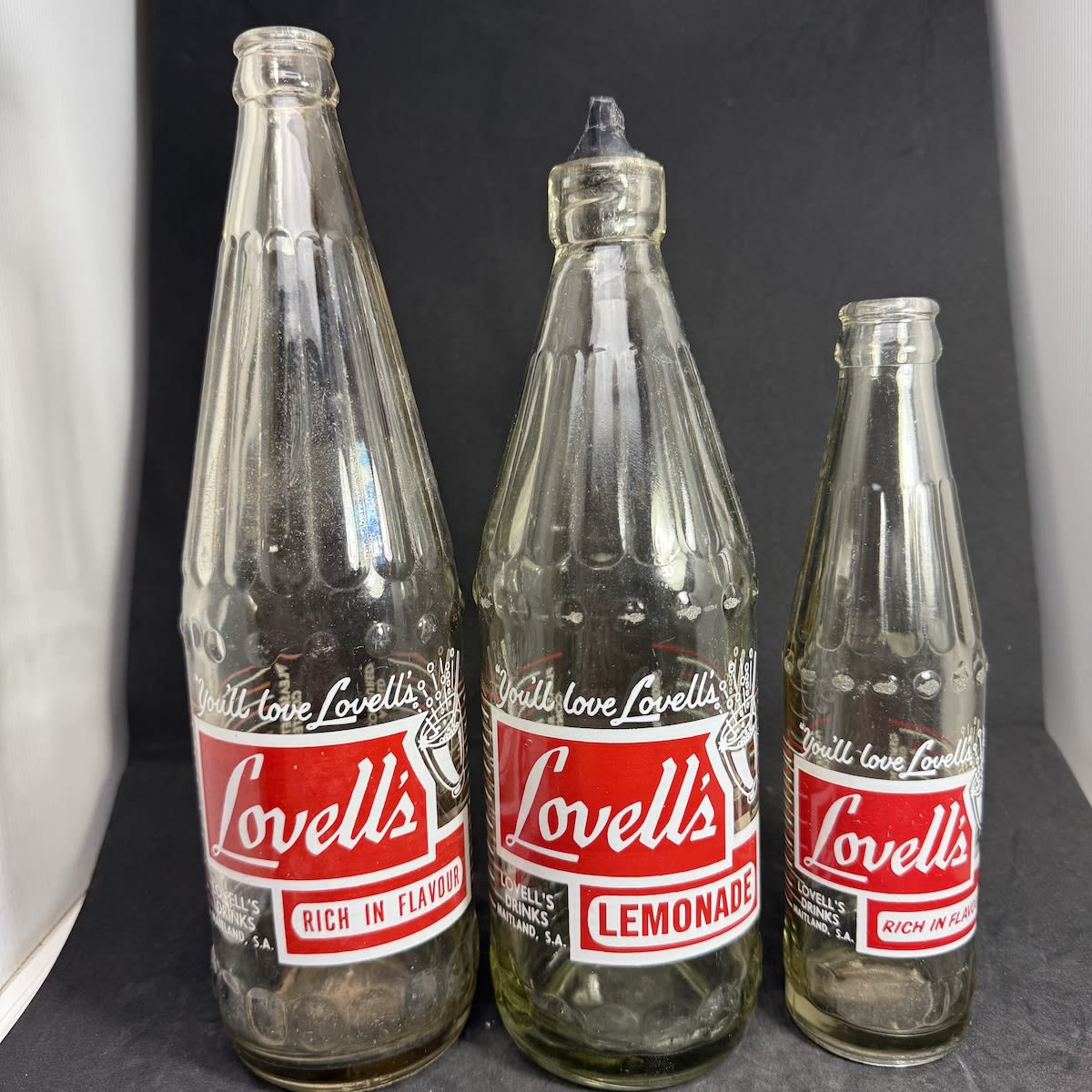 3 Ceramic Label Soft Drinks. All Lovell's Drinks Maitland S. A. Red & White Prints. Crown Seal & Internal Thread. (South Australia)