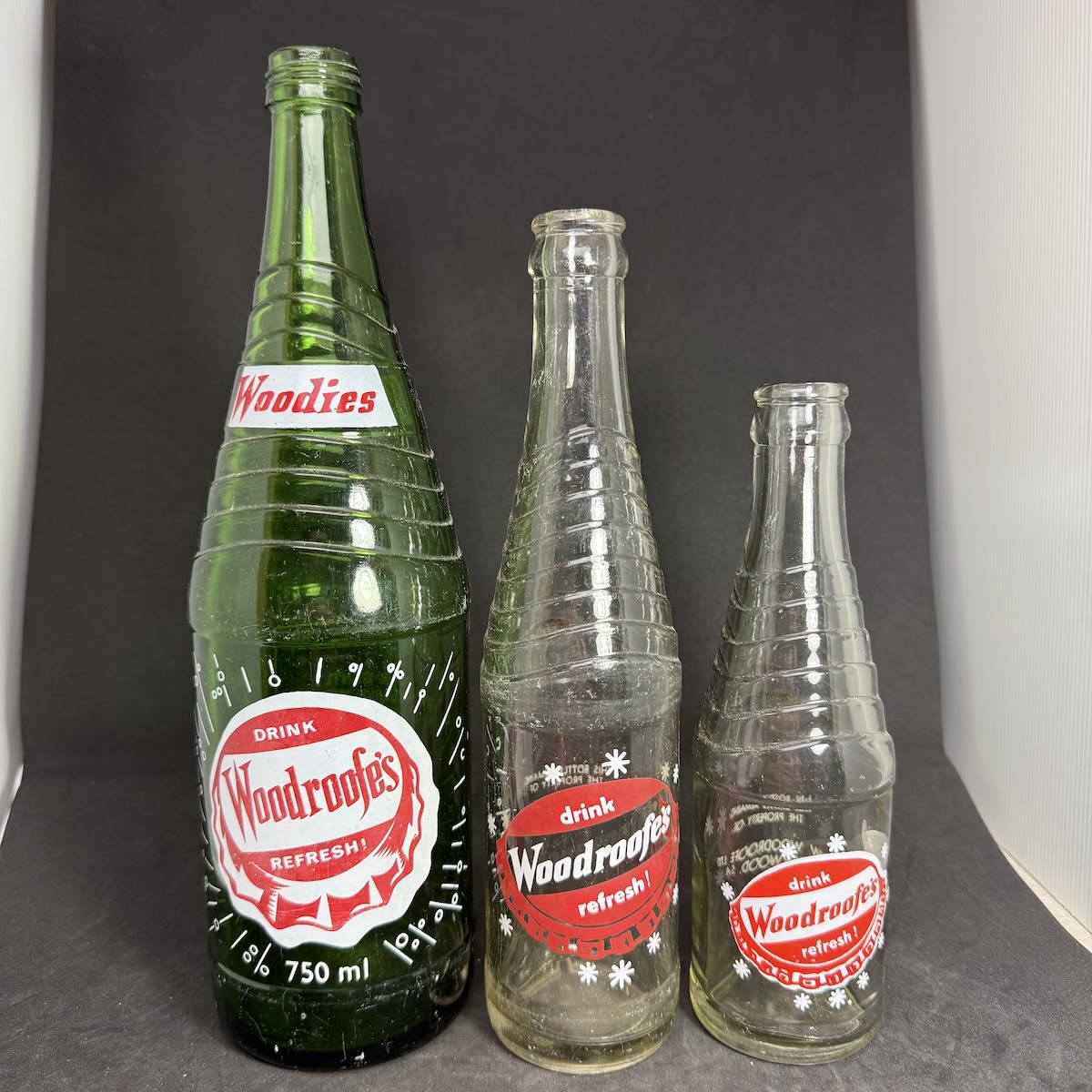 3 Woodies Ceramic Label Bottles. W. Woodroofe Pty Ltd Norwood. Screw Top & Crown Seal. (South Australia)
