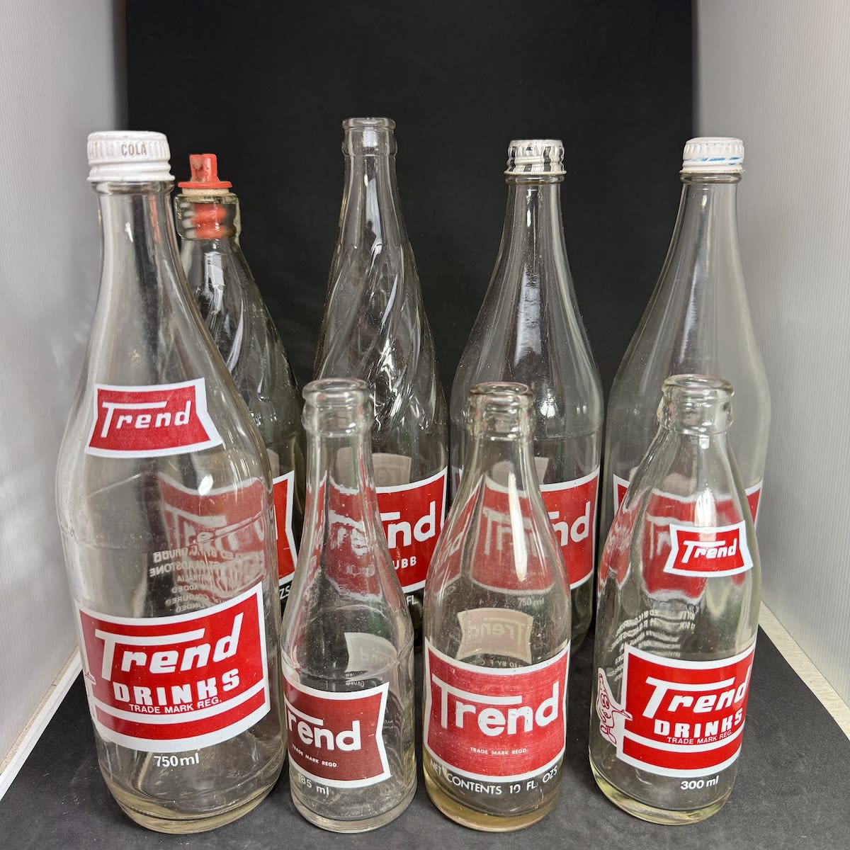 8 Trend Drinks Bottles. F. C. Grubb, Sixth St., Gladstone. Internal Thread, 4 x Crown Seals, 3 x Screw Tops. Imperial & Metric Measurements. All different. (South Australia)