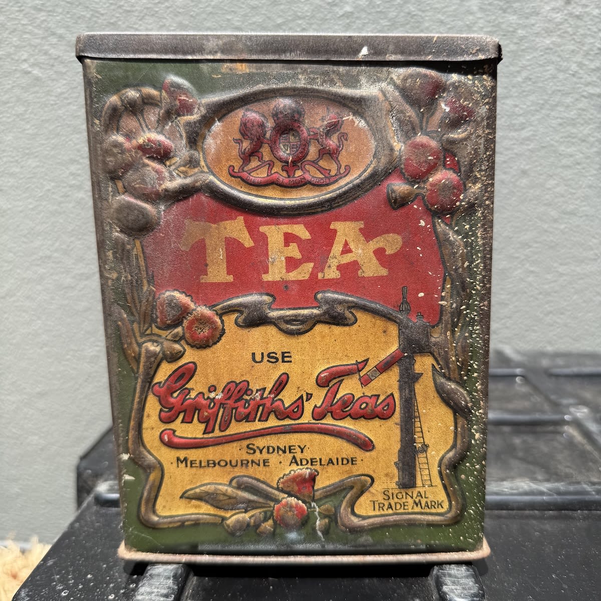 Small Tea Tin. Griffiths Teas. Signal Brand. Sydney, Melbourne, Adelaide. Floral Emblems.
