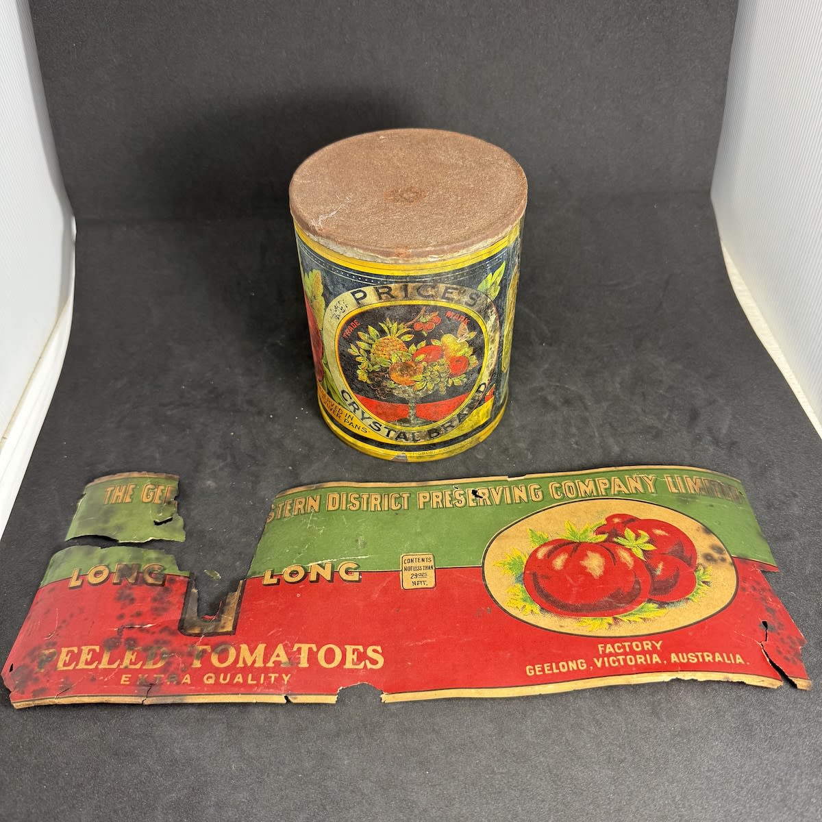 Tin with 2 Labels: Price Bros., Geelong. Canned Tomatoes. Price's Crystal Brand PLUS The Geelong and Western District preserving Company Peeled Tomatoes.