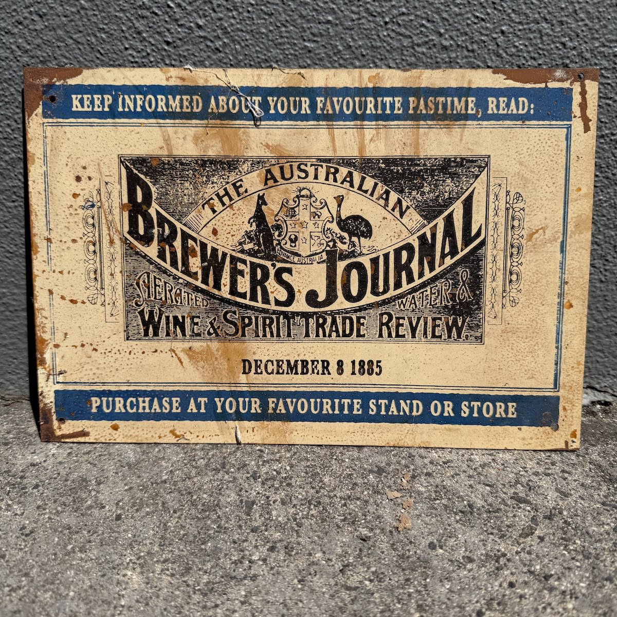Reproduction Tin Sign. The Australian Brewers Journal, Aerated Water & Wine & Spirit Trade Review. December 8 1885.