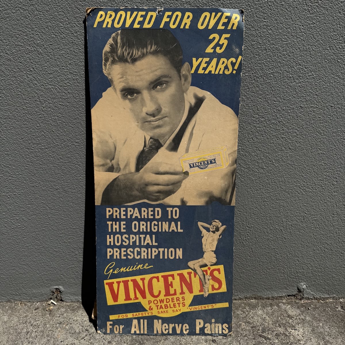 Large Showcard, Shop display. Vincent's Powders & Tablets for All Nerve Pains. Man in White jacket holding a Vincents Powders packet. Smiling Woman. 