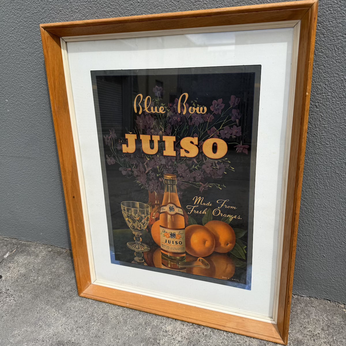 Large framed Showcard/Poster. Blue Bow, Juiso. Made from Fresh Oranges. Tooth & Co Ltd Sydney. Alan D Baker (artist) (New South Wales)