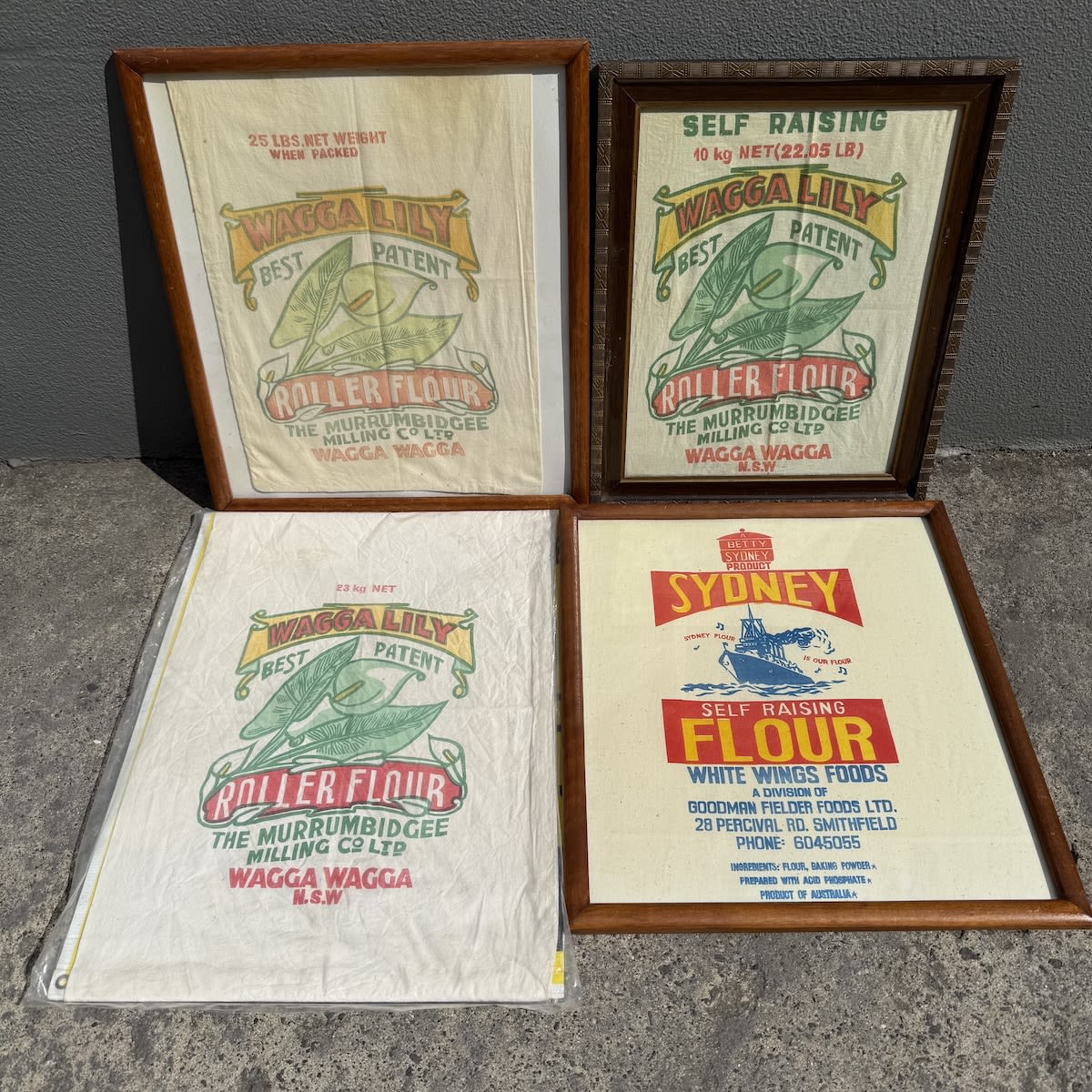 4 Flour Bags: 3 different sized Wagga Lily Flour, Murrumbidgee Milling Co Ltd Wagga Wagga 1 x Sydney Flour with a Warship. White Wings Foods.