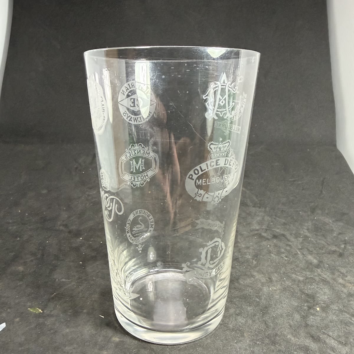 Etched Glass. Salesmans sample with 12 different badges: Hotel Windsor, Melbourne Hotel Ritz St Kilda Menzies Hotel Victorian Railways Melbourne Club Savage Club Police Depot and more.
