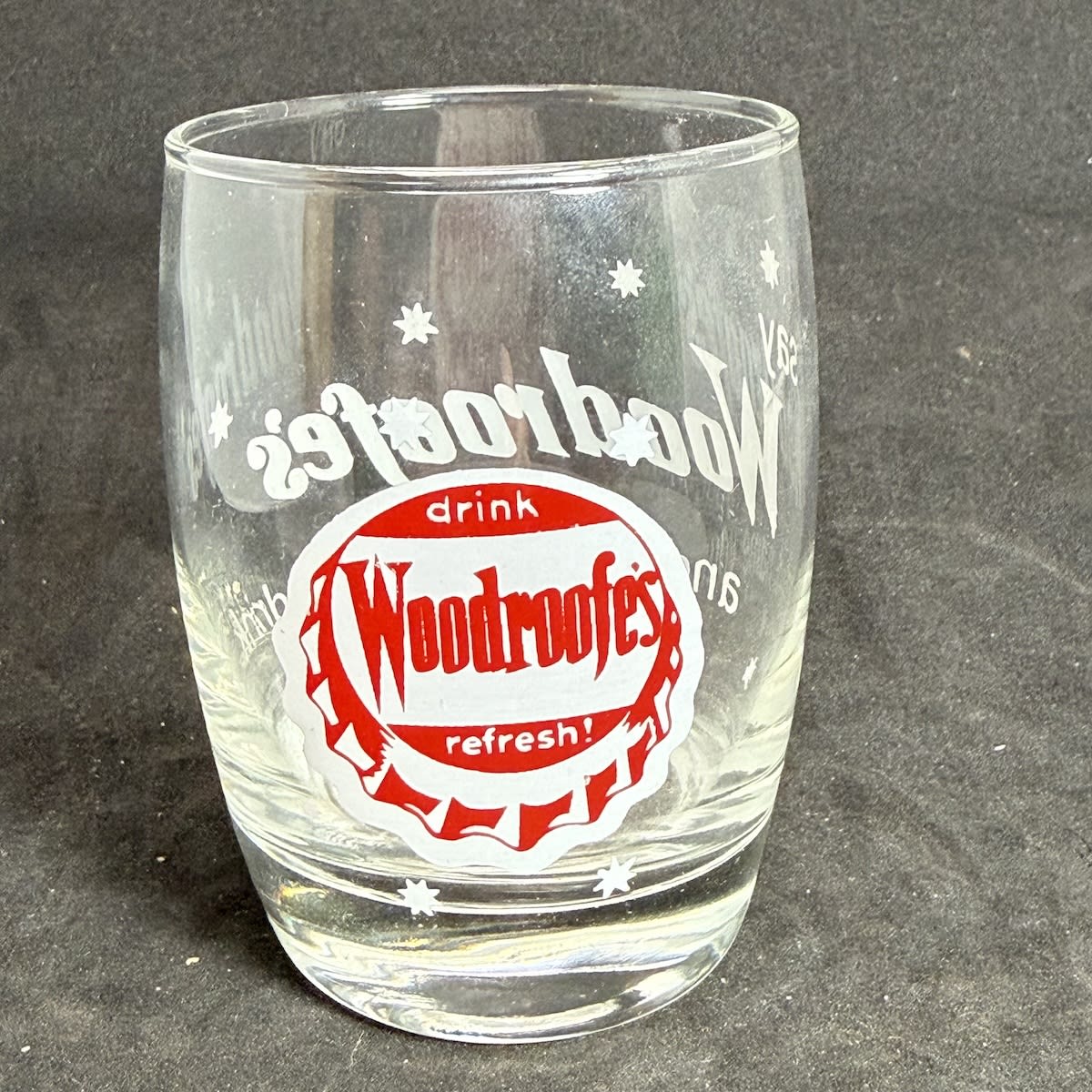 Small Ceramic Label Glass. Say Woodroofe's and name your drink. drink Woodroofe's Refresh! in Crown Seal top. (South Australia)