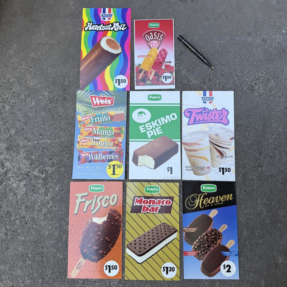 9 Ice Cream Items: Congratulation Peters Ice Cream Pencil 8 small showcards for Pauls & Peters Ice Creams: Weis Eskimo Pie Monaco Bar Hazlenut Roll Twister and more.