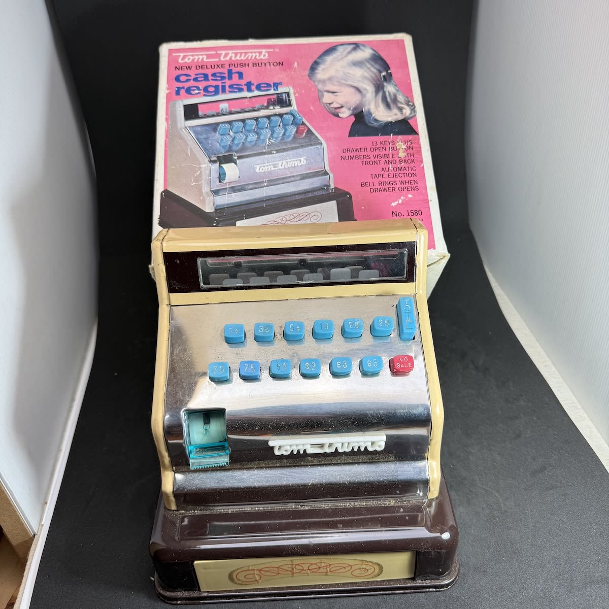 Toy Cash Register. Tom Thumb Push Button. Western Stamping Corporation Jackson, Michigan. Made in Korea. With Original Box.