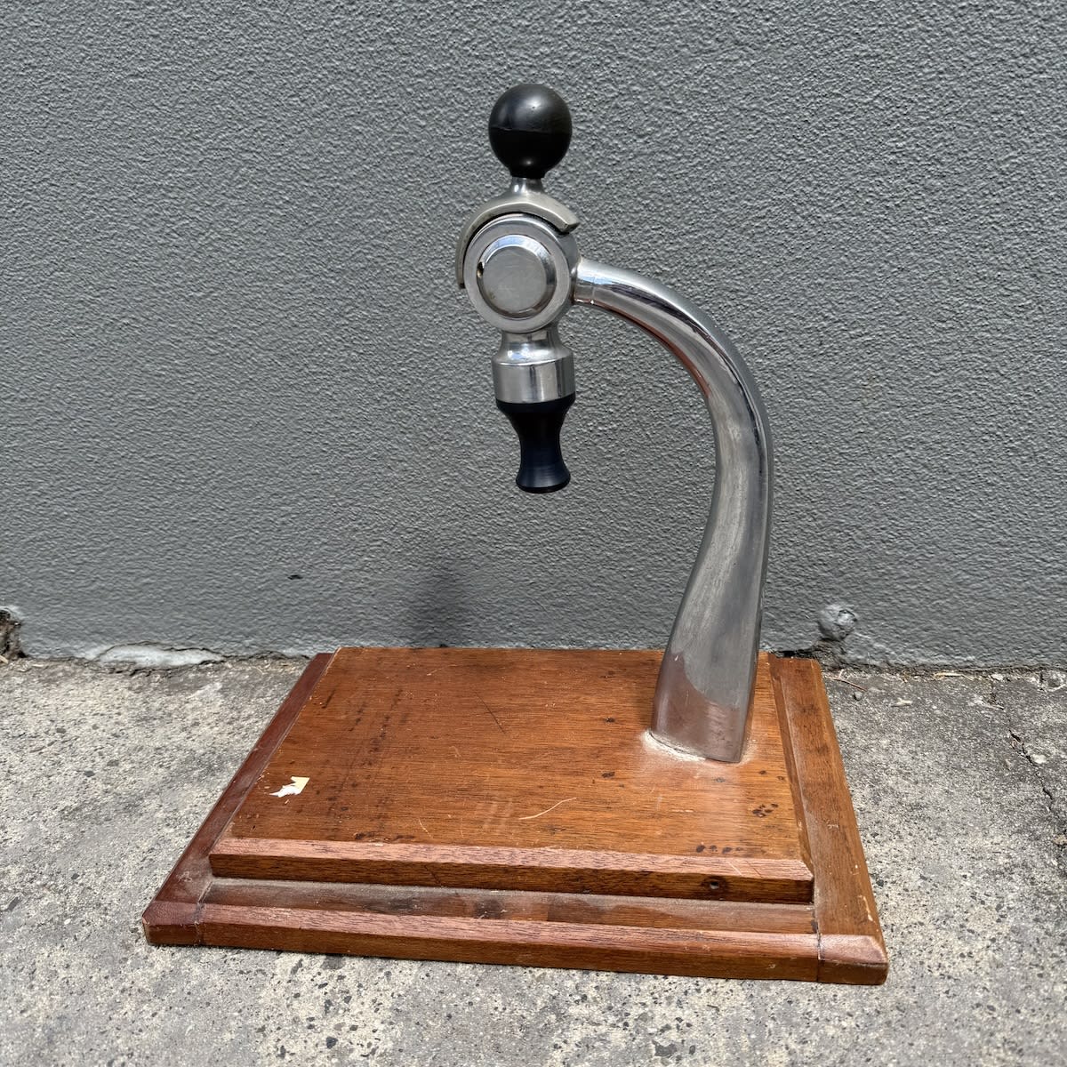Swan Neck shaped Soda Fountain Dispenser or Tap. Attached to board for display.