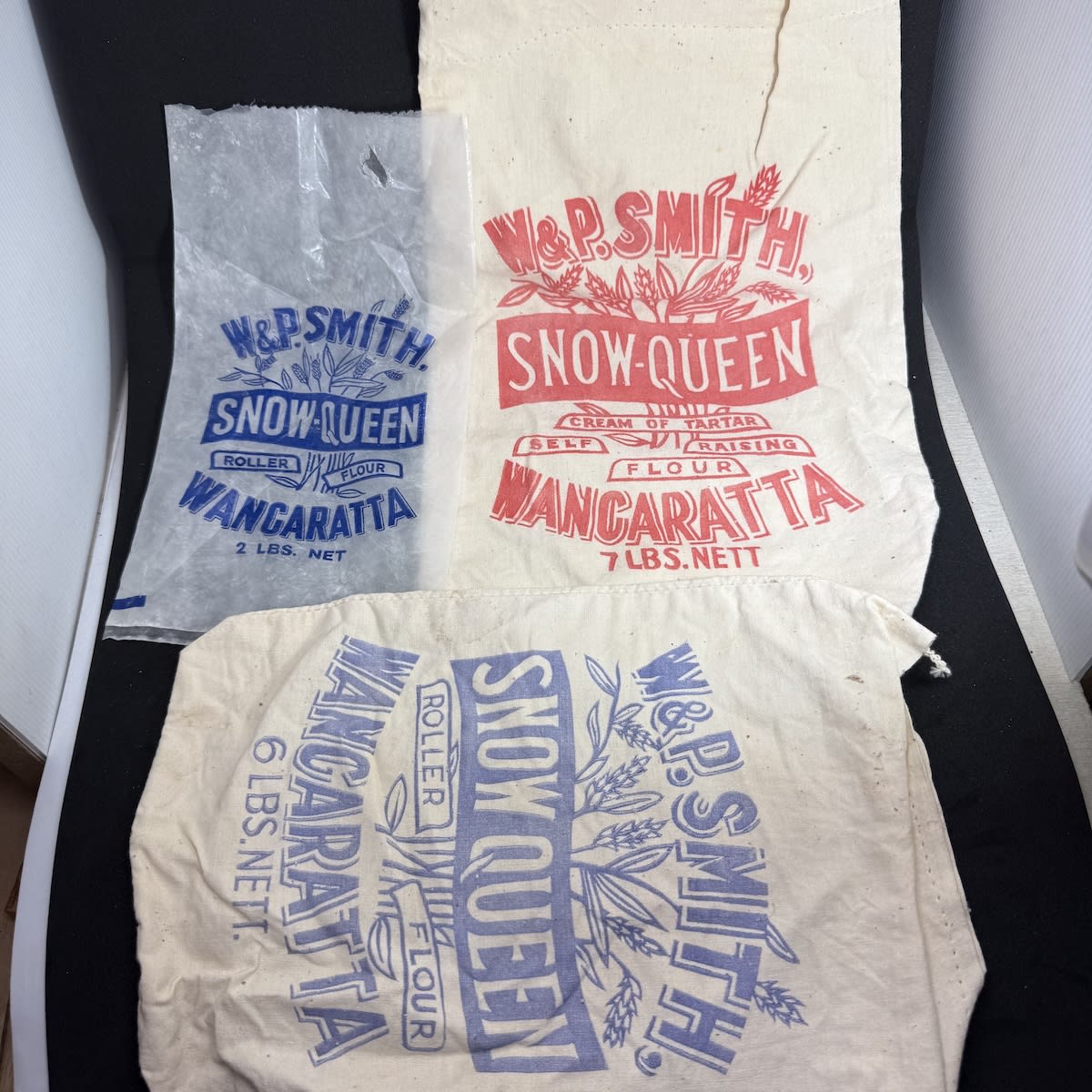 3 Different Flour Bags all from W. & P. Smith, Wangaratta. Snow-Queen Roller Flour & Self Raising Flour. Plastic & Cloth.