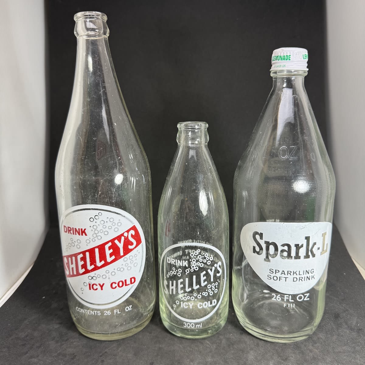 3 Ceramic Label Aerated Waters: Shelley's Soft Drinks Pty Ltd Edwardstown 26 oz Shelley's 300 ml Spark-L, Associated Co-operative Wholesalers, Findon. 26 oz Screw top. (South Australia)