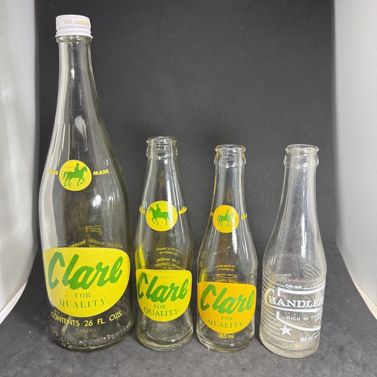 4 Ceramic Label Soft Drinks: 3 different Clare Mineral Water Company, 26 oz, 6 oz, 185 ml Chandlers Drinks Mannum, 185 ml. (South Australia)