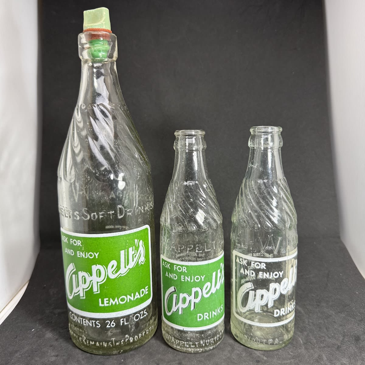 3 Ceramic Label Soft Drinks from Appelt's Nuriootpa. 26 oz Internal Thread 7 oz Crown Seal Green & White 7 oz Crown Seal All White. (South Australia)