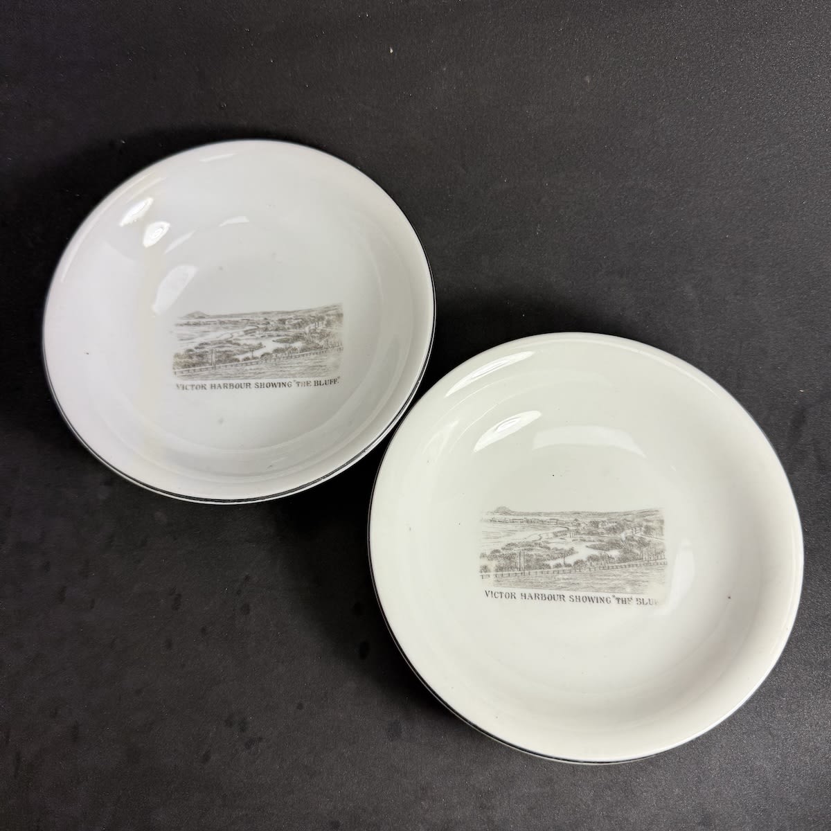 2 Souvenirware Bowls. Victor Harbour showing "The Bluff". Made in Czechoslovakia. (South Australia)