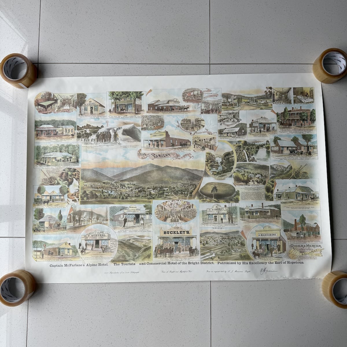 Print. Views of Bright & Myrtleford. Includes prominent businesses and buildings. 1975 reprint of 1892 original. (Victoria)