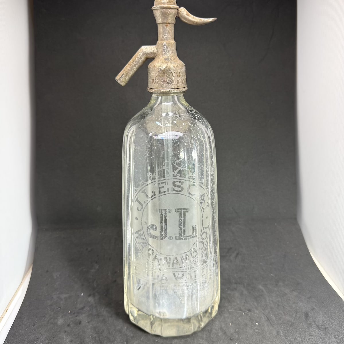 Soda Syphon. J. Lescai, Warrnambool. Pyramid shape. Clear. 40 oz. Original J. Lescai Warrnambool engraved spout. (Victoria)