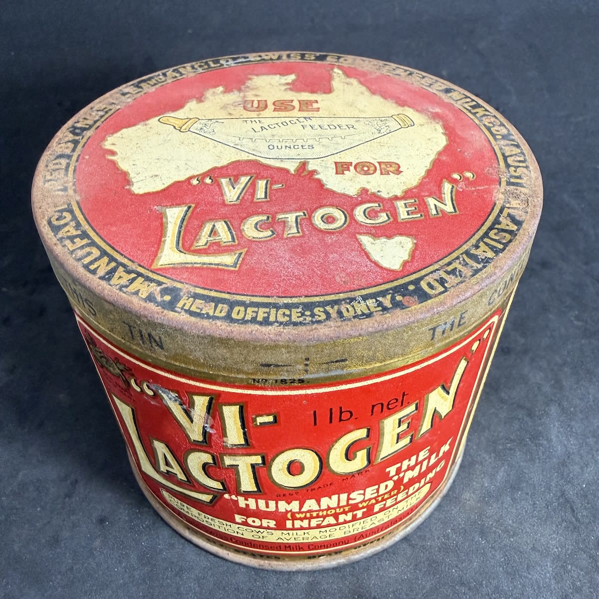 Tin. Vi-Lactogen. Nestle and Anglo Swiss Condensed Milk Company (Australasia) Ltd. Baby Feeder image. 9th September 1934 use by date. (late Kingsley Durdin Collection)