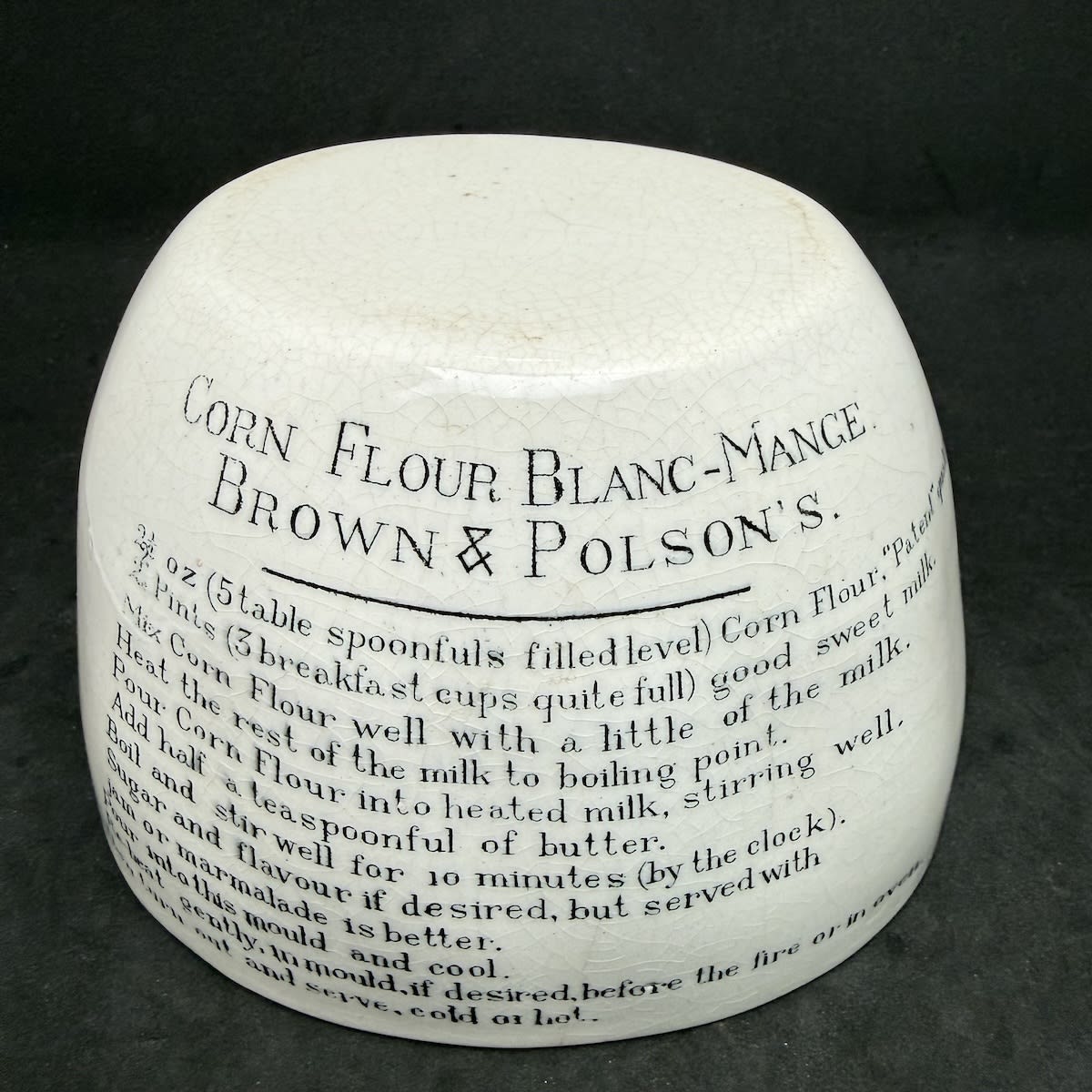 Advertising Blanc-Mange / Jelly Mould. Brown & Polson's Corn Flour Blanc-Mange recipe on side. (late Kingsley Durdin Collection)