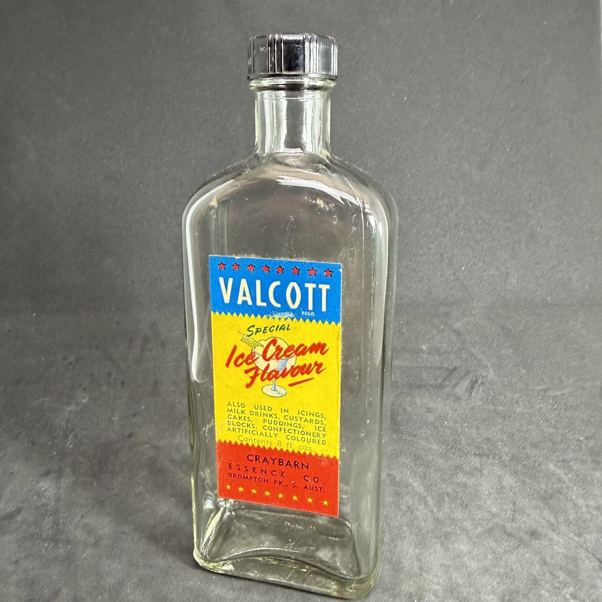 Original labelled bottle. Valcott Special Ice Cream Flavour. Craybarn Essence Co., Brompton Park, S. Aust. (South Australia)