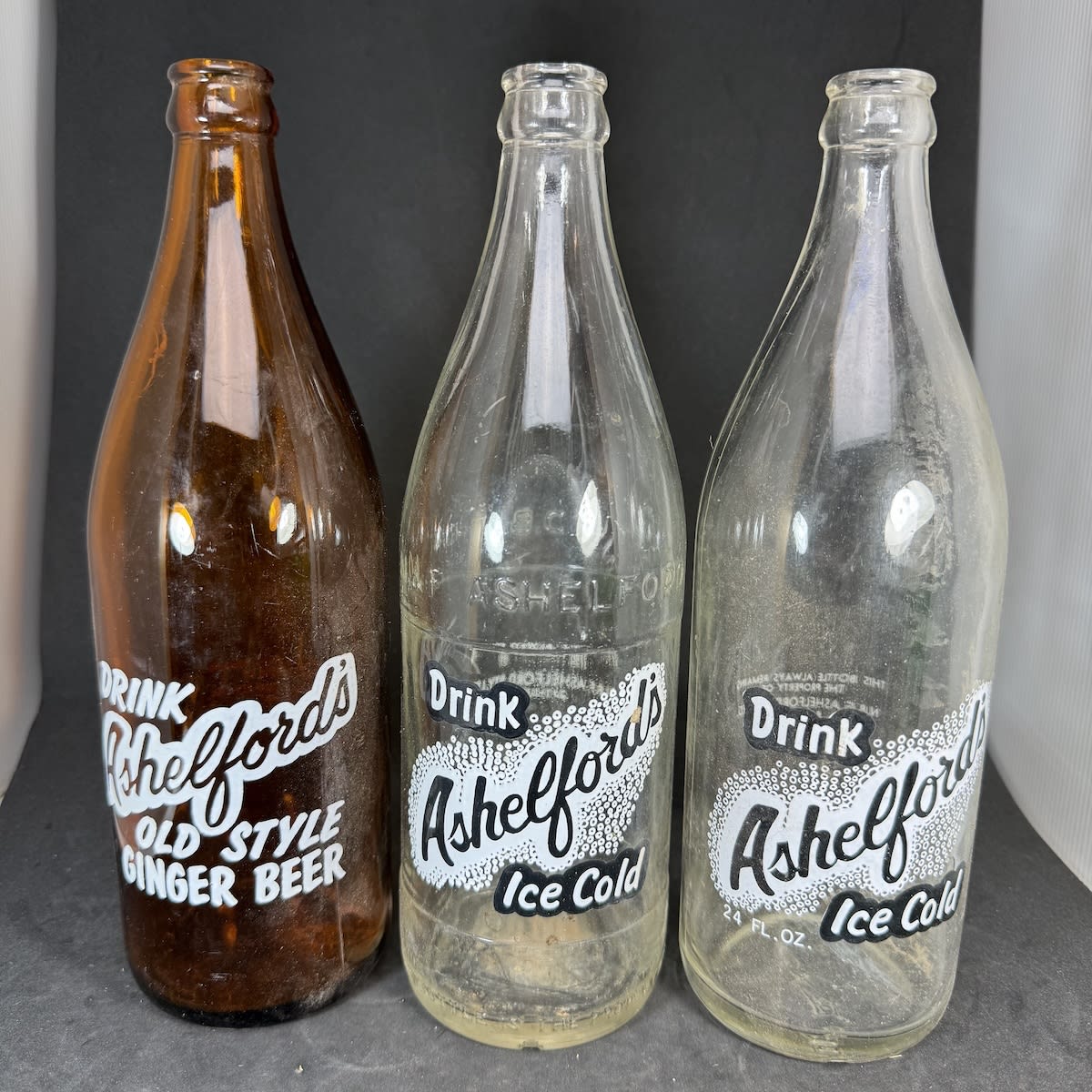 3 different N. & F. Ashelford Pty Ltd Bathurst Ceramic Label Crown Seals. 24 oz. Amber Ginger and 2 different Clear soft drinks. (New South Wales)