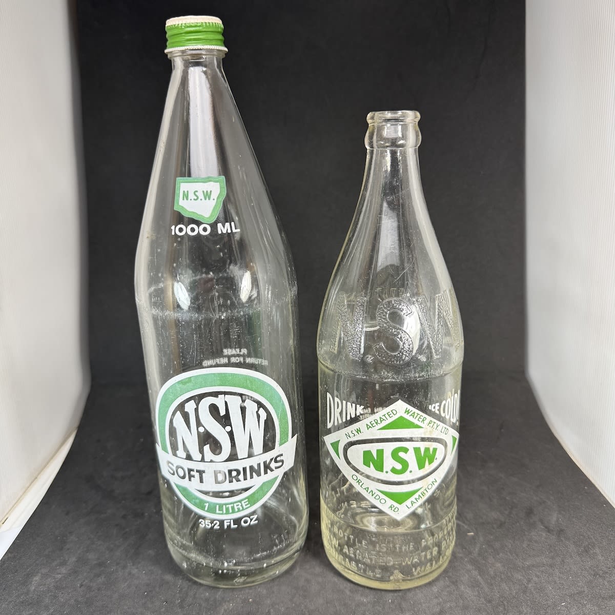 2 Ceramic Label NSW Soft Drinks. Pacfleet Pty Ltd Lambton 1000ml; NSW Aerated Water Co Lambton 24 oz. (New South Wales)