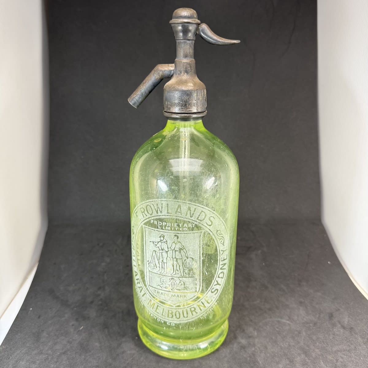 Soda Syphon. E. Rowlands, Ballarat, Melbourne & Sydney. Lime Green Uranium Glass. 30 oz. (Victoria & New South Wales)