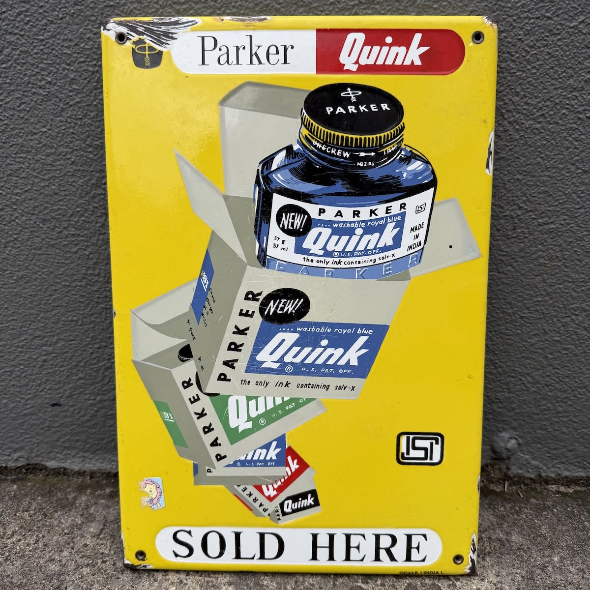 Enamel Sign. Parker Quink Ink. Ink bottles and packages. Ogale (India).