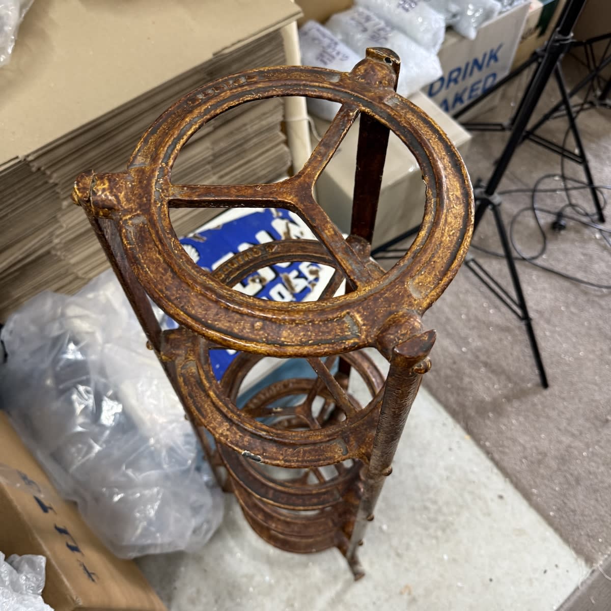 Cast Iron Kitchen Pot Stand. 1090 mm tall. Sizes listed on each level. Enamel kind of finish. Too large for Australia Post, winning bidder will have to make arrangements for collection or courier.