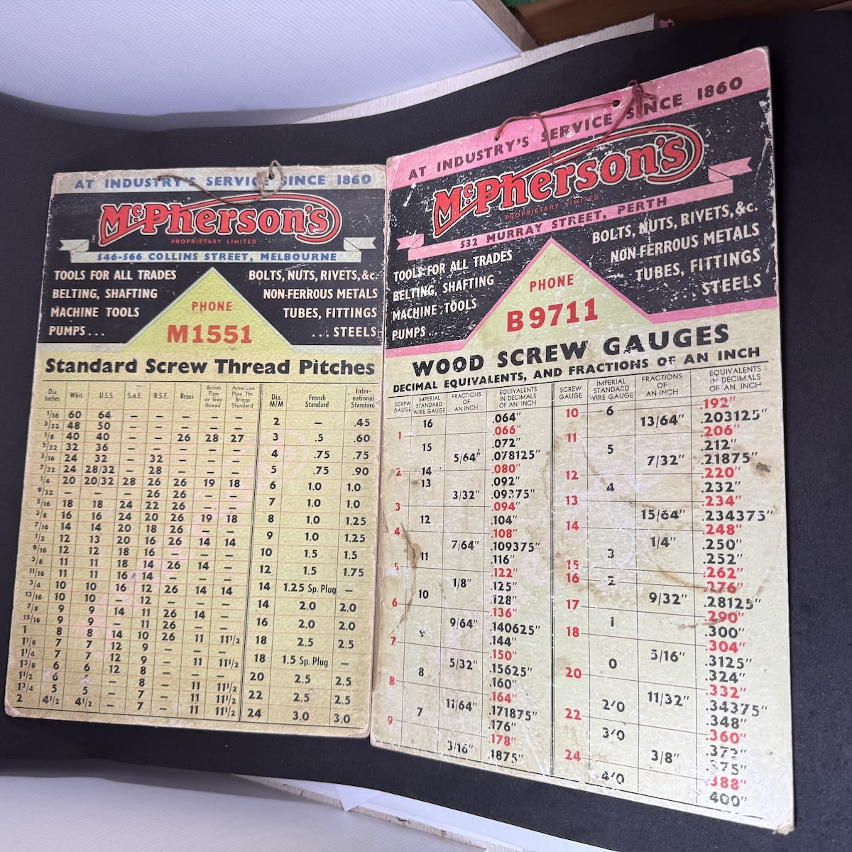 2 Hanging Cardboard Charts: McPherson's Pty Ltd. Collins St Melbourne on one and Murray St Perth on the other. Standard Screw Thread Pitches and Wood Screw Gauges.