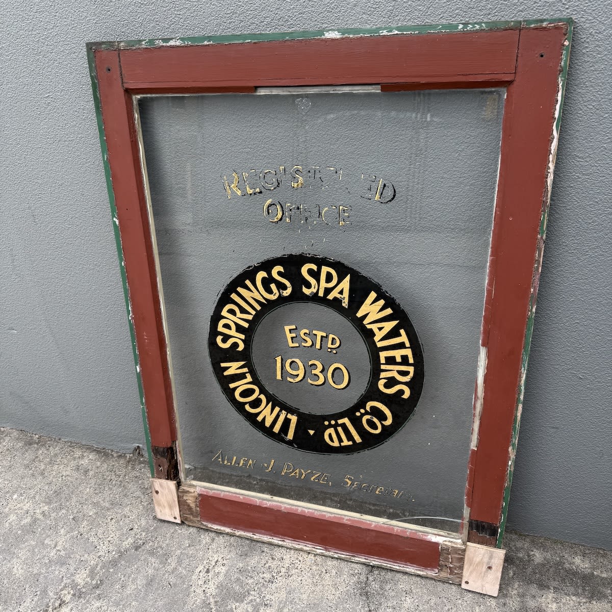 Office Window! Lincoln Springs Spa Water Co Ltd. Estd 1930. Allen J. Payze Secretary. (Port Lincoln, South Australia) (Too large and fragile for post, arrangements will have to be made by the winning bidder for collection).