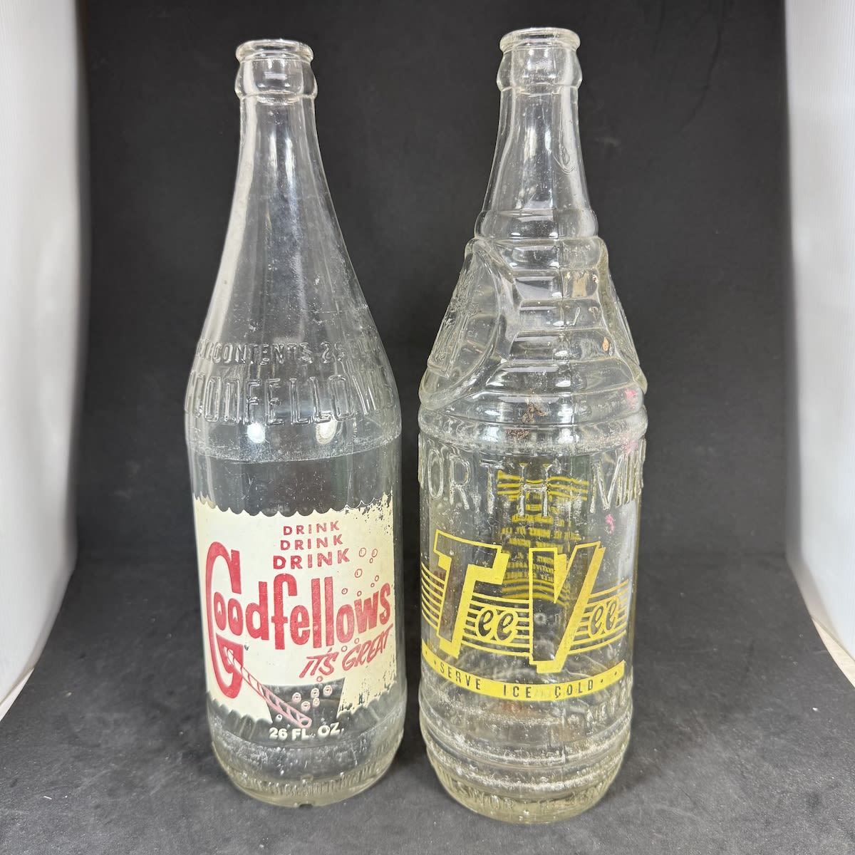 2 Embossed & Ceramic Label Crown Seals: Goodfellows Ballarat; Tee Vee Drinks Melbourne on a Milsworth Mentone bottle. (Victoria)