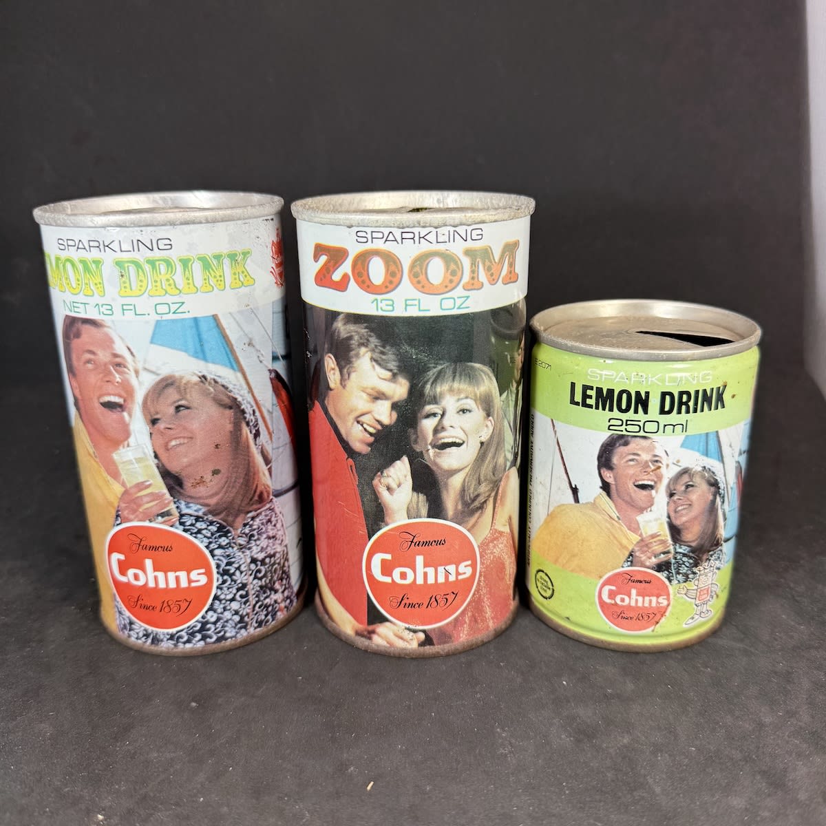3 Cohns Bendigo Steel Soft Drink Cans. 13 oz Lemon Drink; 13 oz Sparkling Zoom; 250 ml Lemon Drink. (Victoria)
