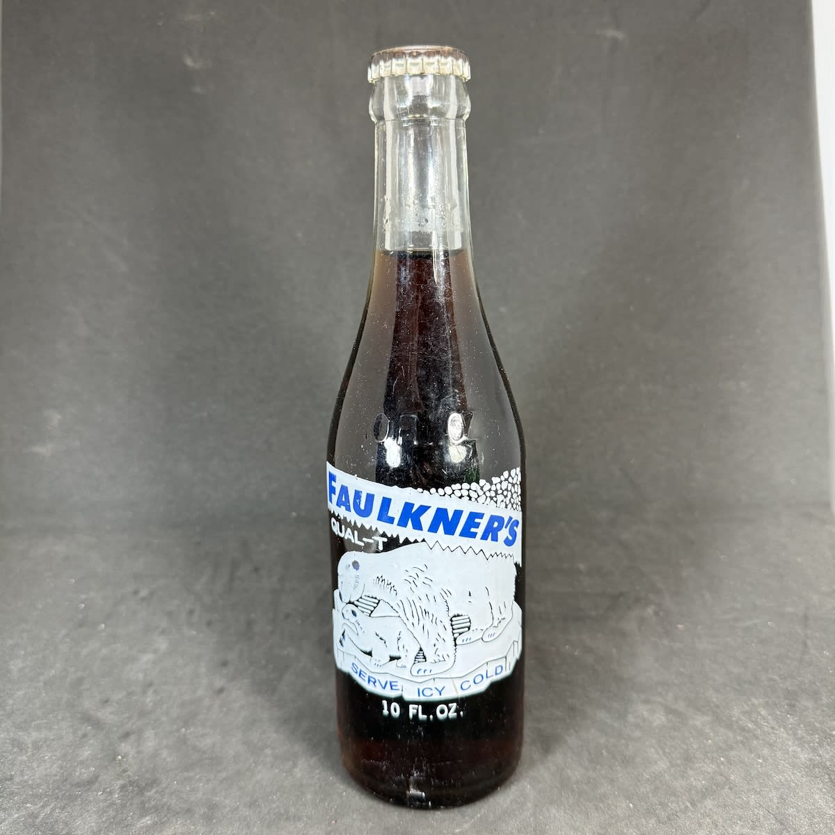Ceramic Label Crown Seal. Faulkner's Qual-T 10 oz. S. Faulkner Pty Ltd Narrabri. Polar Bears. Blue & White. Sealed with Cola cap. (New South Wales)
