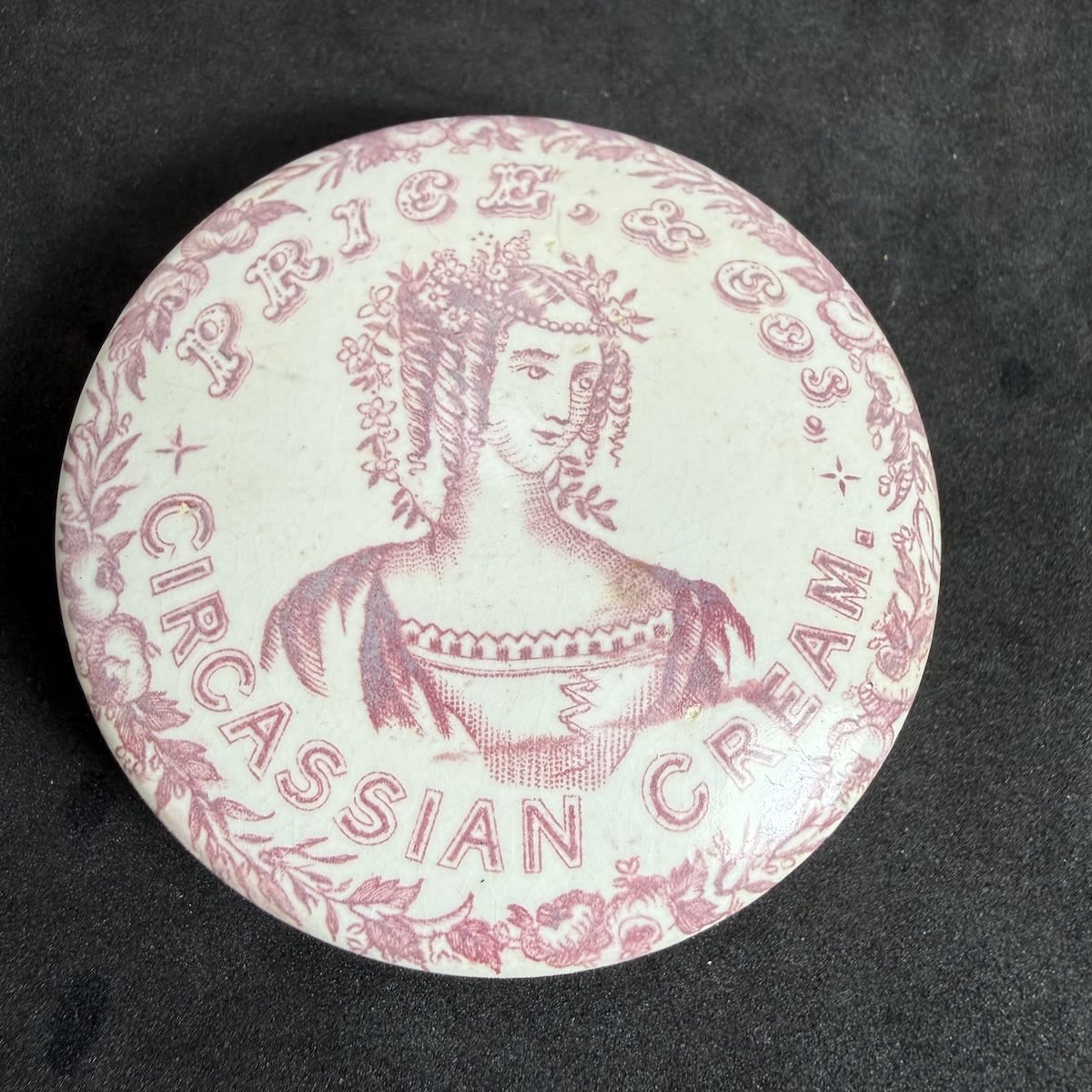 Pot Lid. Price & Cos Circassian Cream. Lady's Portrait lid. Pink/red Print.