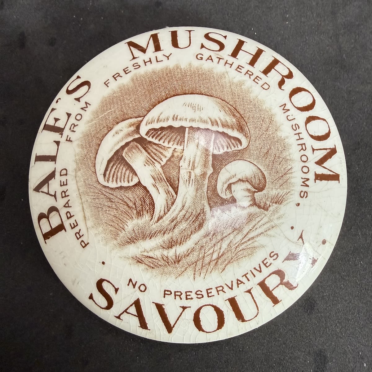 Pot Lid. Bale's Mushroom Savoury. Brown print on white.