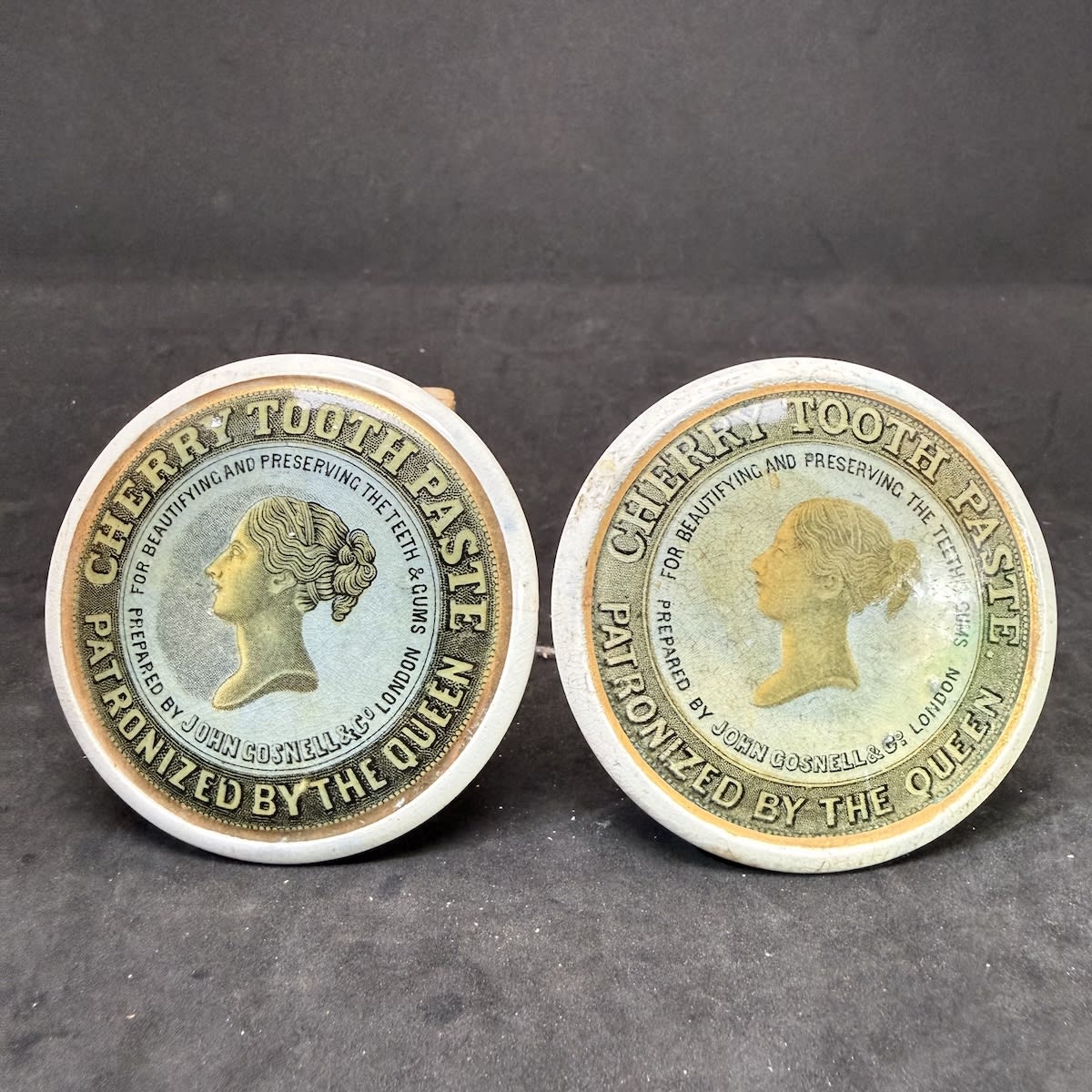 2 Pot Lids. Both John Gosnell & Co. London. Queens Head. Coloured Cherry Tooth Paste Pot Lids.