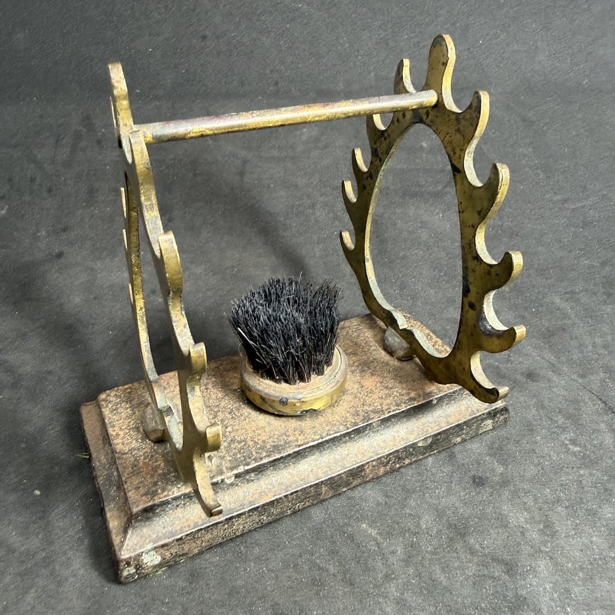 Pen Stand. Brass & Cast Iron Pen Stand with nib cleaning brush in the middle.