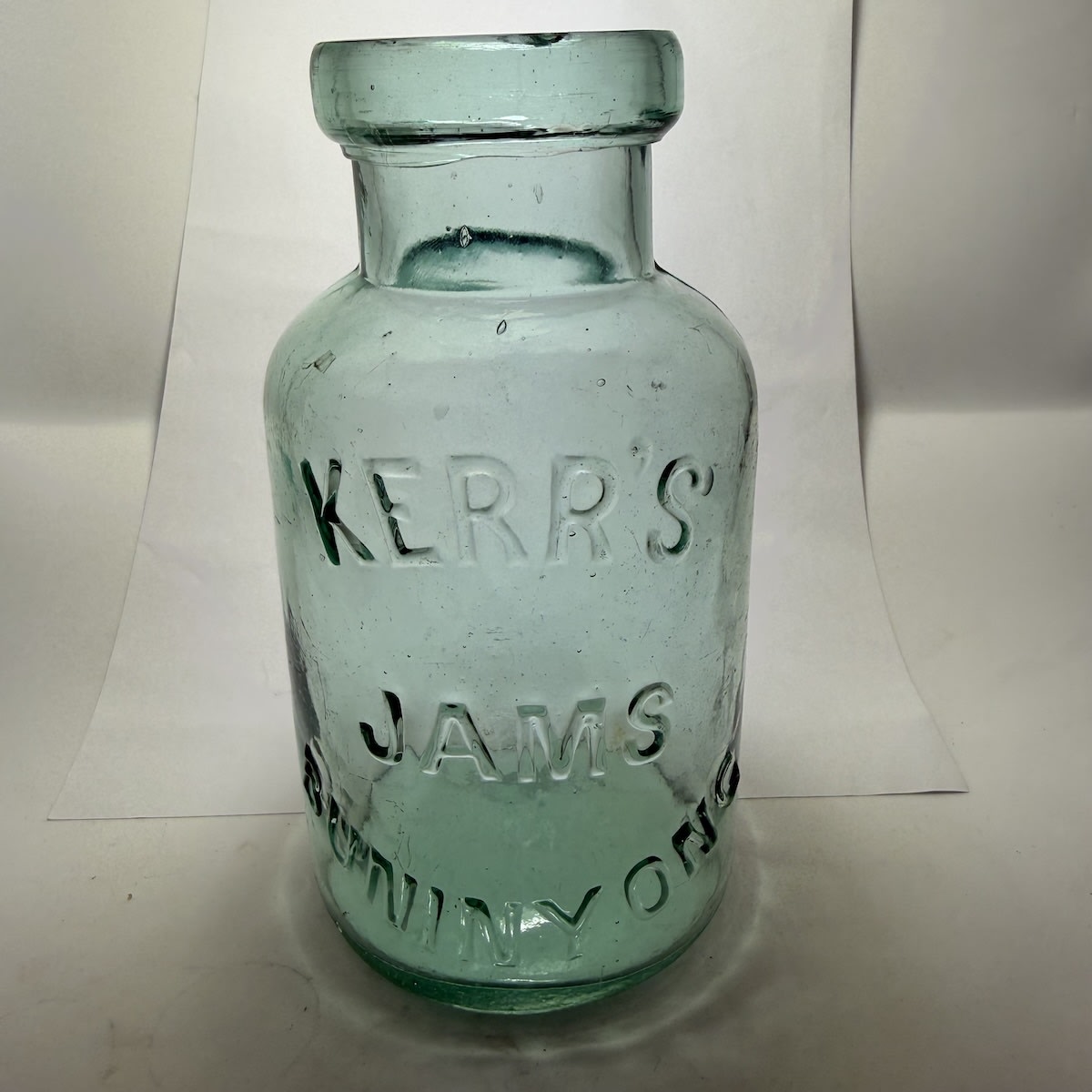 Jar. Kerr's Jams Buninyong. M base mark. Aqua. 1.5 Pound or so. 164 mm. (Victoria)