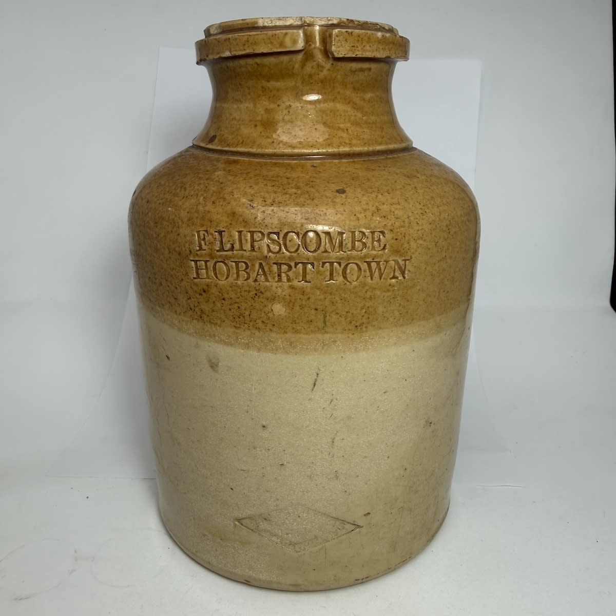 Jar. F. Lipscombe, Hobart Town. Doulton & Watts. Stoneware. (Tasmania)