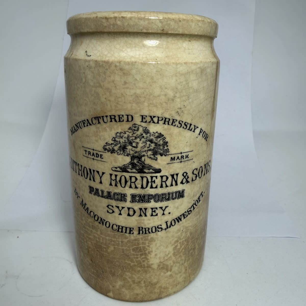 Ceramic Jam Jar. Anthony Hordern & Sons, Palace Emporium, Sydney. Maconochie Bros., Lowestoft. Tree. Black & White. 1 Pound. (New South Wales)