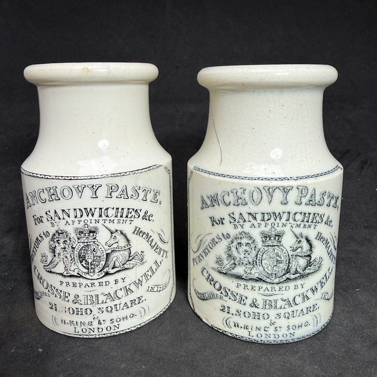 2 Pots. Both: Crosse & Blackwell, Anchovy Paste, 21 Soho Square & 11 King St Soho. (United Kingdom)