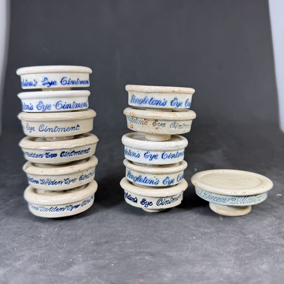 12 Eye Ointment Pots: Singleton's Eye Ointment; Singleton's Golden Eye Ointment; 1 x S. Green 2 Union Place, Lambeth.