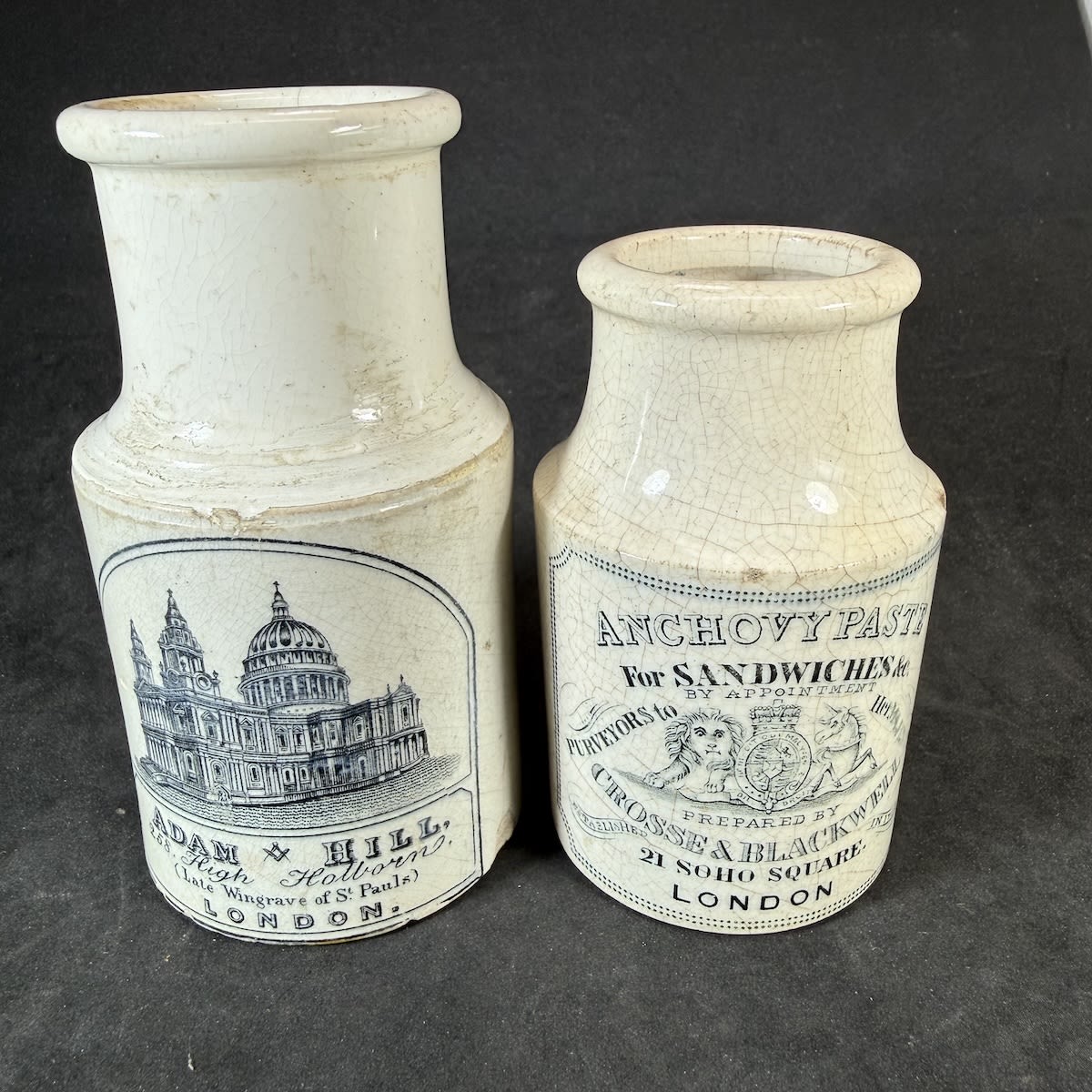 2 Anchovy Paste Pots: Adam & Hill 258 High Holborn London, Late Wingrave of St Pauls; Crosse & Blackwell, 21 Soho Square London.