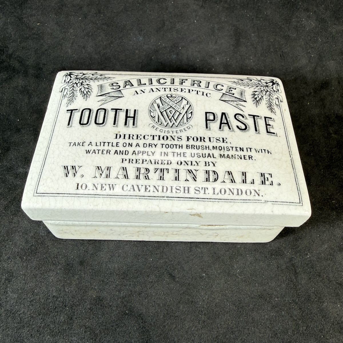 Pot Lid. W. Martindale, 10. New Cavendish St. London. Salicifrice Tooth Paste. An Antiseptic.