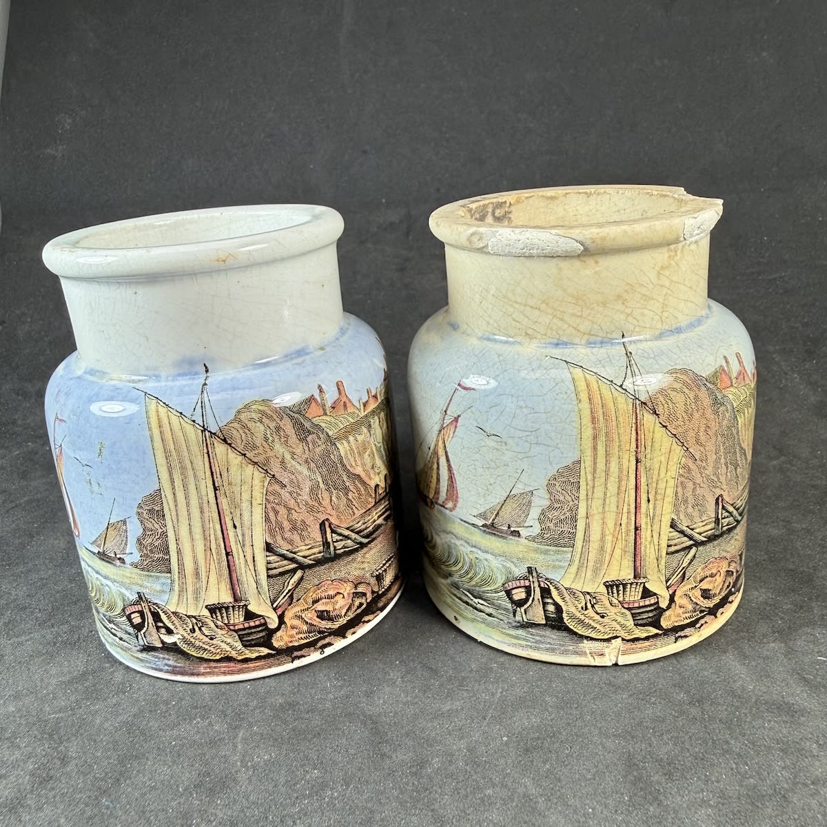 2 Prattware Jars. Both Pegwell Bay scene.