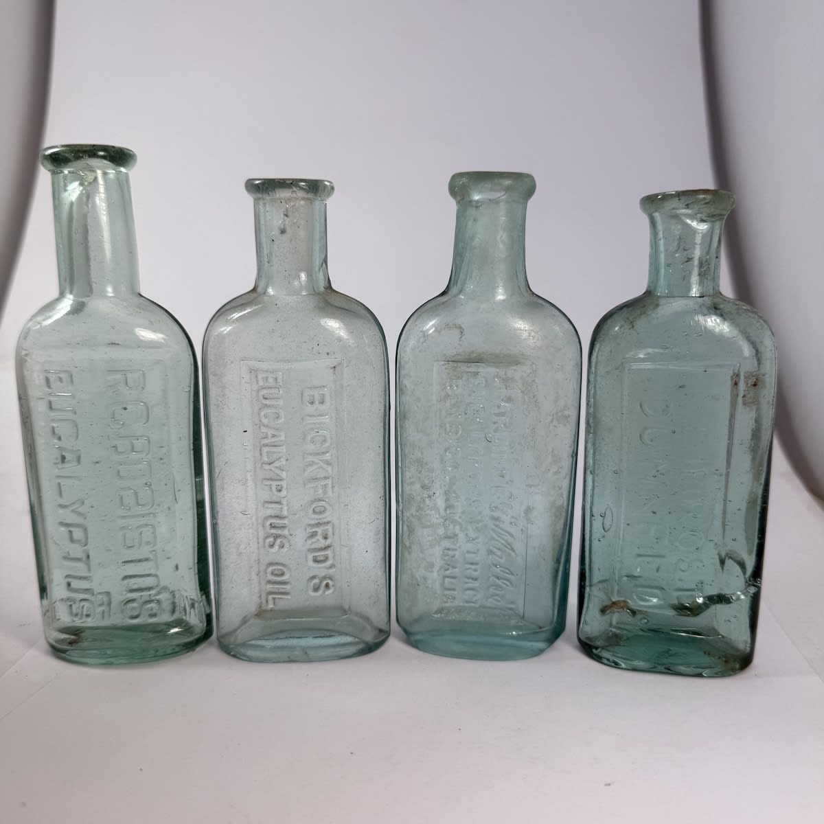 4 Eucalyptus Oils: R. G. Bosisto's (reverse S to middle of Bosisto); Bickford's; Hardinge's Mallee, Bendigo; E. Frost Dunkeld. (Victoria & South Australia)