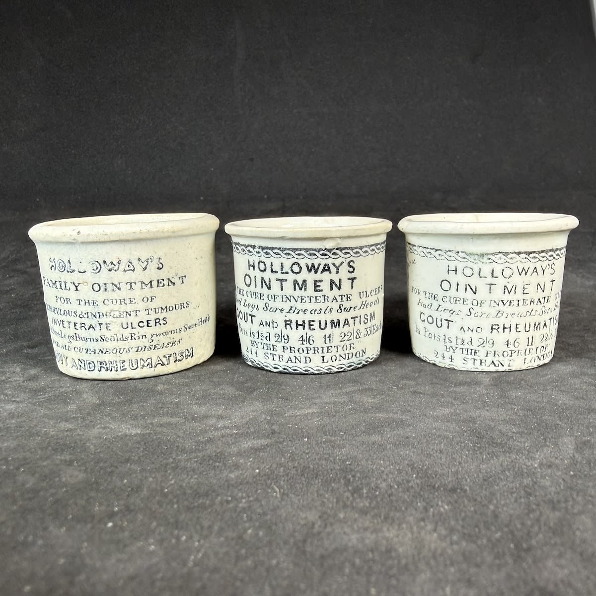 3 Holloways Ointment 244 Strand London Pots. 1 x Family Ointment; 2 x regular Holloways Ointment for Gout and Rheumatism etc.